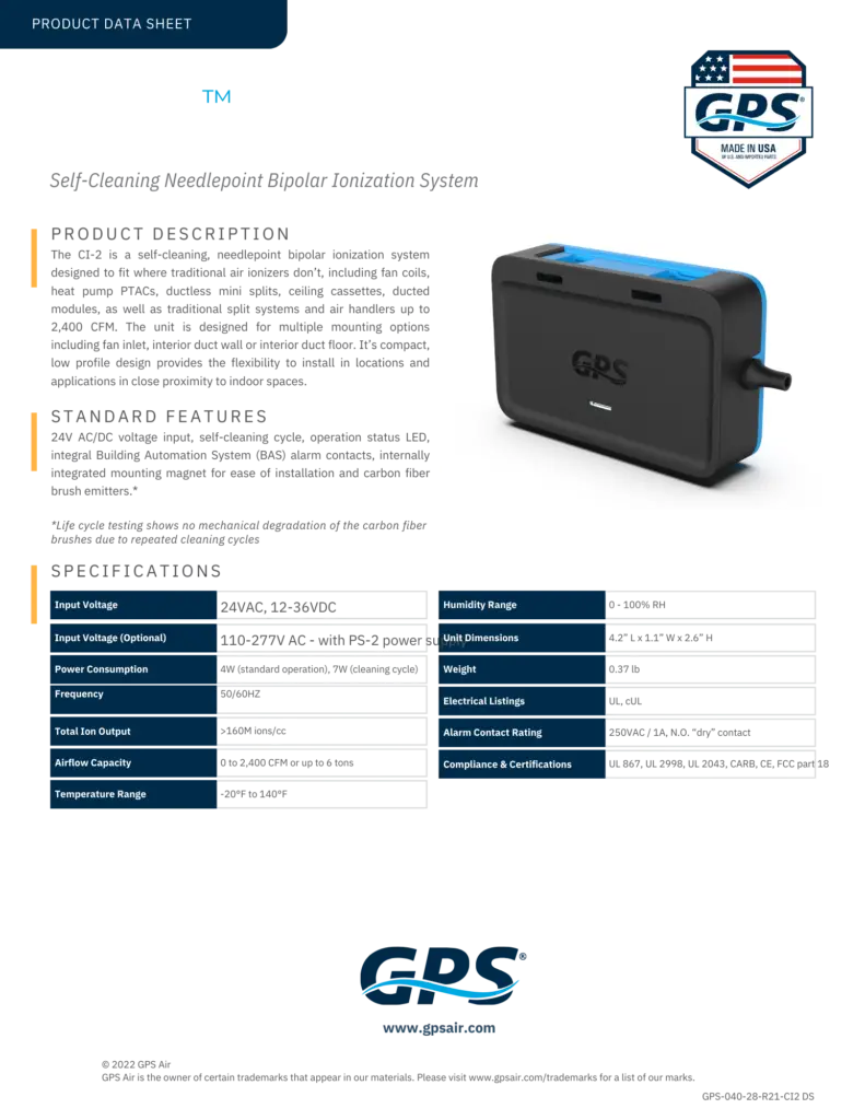 GPS CI-2 Bipolar Ionizer Description